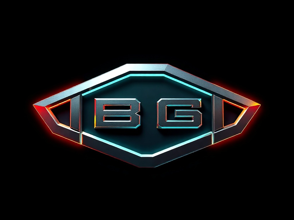 3D metallic logo emblem with neon glow, cybernetic lines, dark background, high detail, photorealistic, 8k